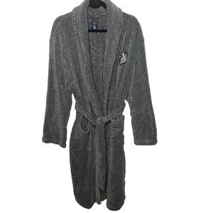 US POLO ASSN Blue Marled Plush Fleece Robe Belted Pockets Shawl Collar Mens L/XL